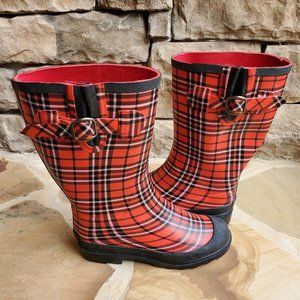 red plaid rain boots